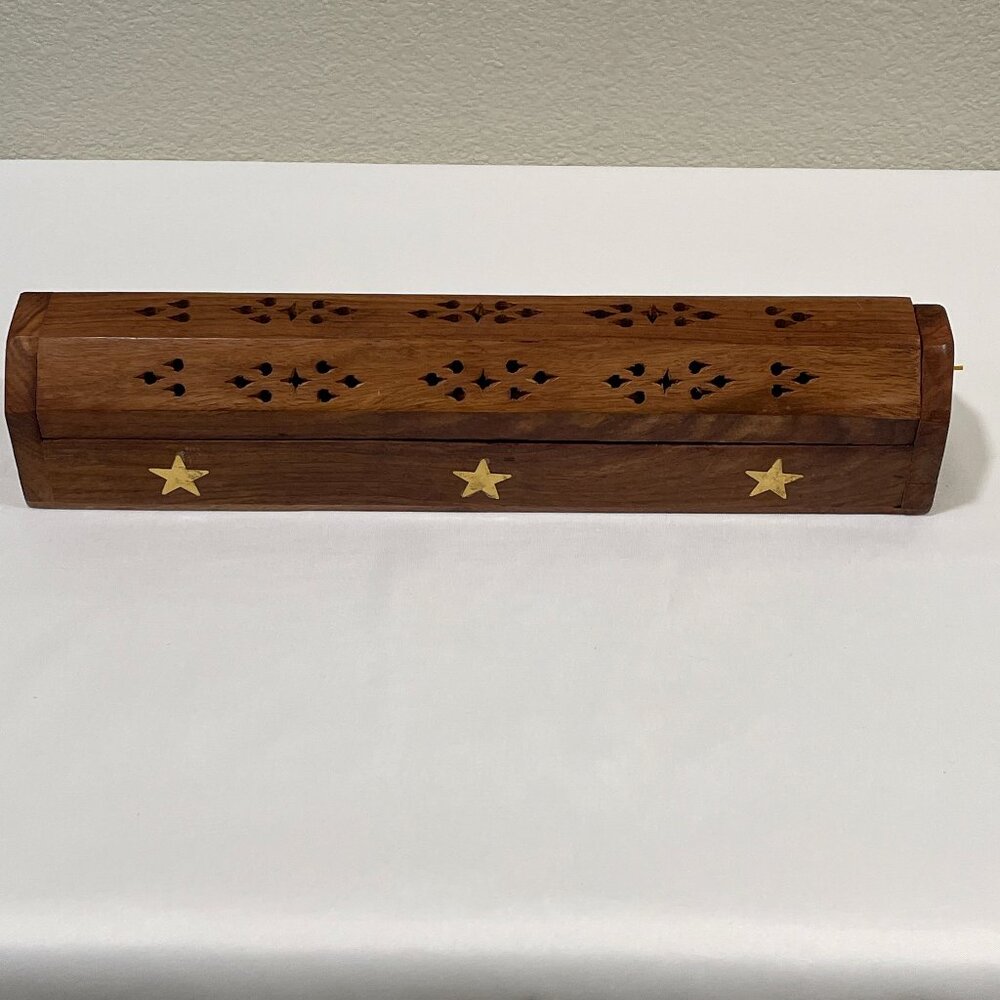 (NEW) VRINDA ORIGINALS Wood & Brass Hinged Incense Combo Burner/Storage Box